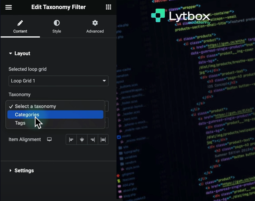 Elementor categories and tags