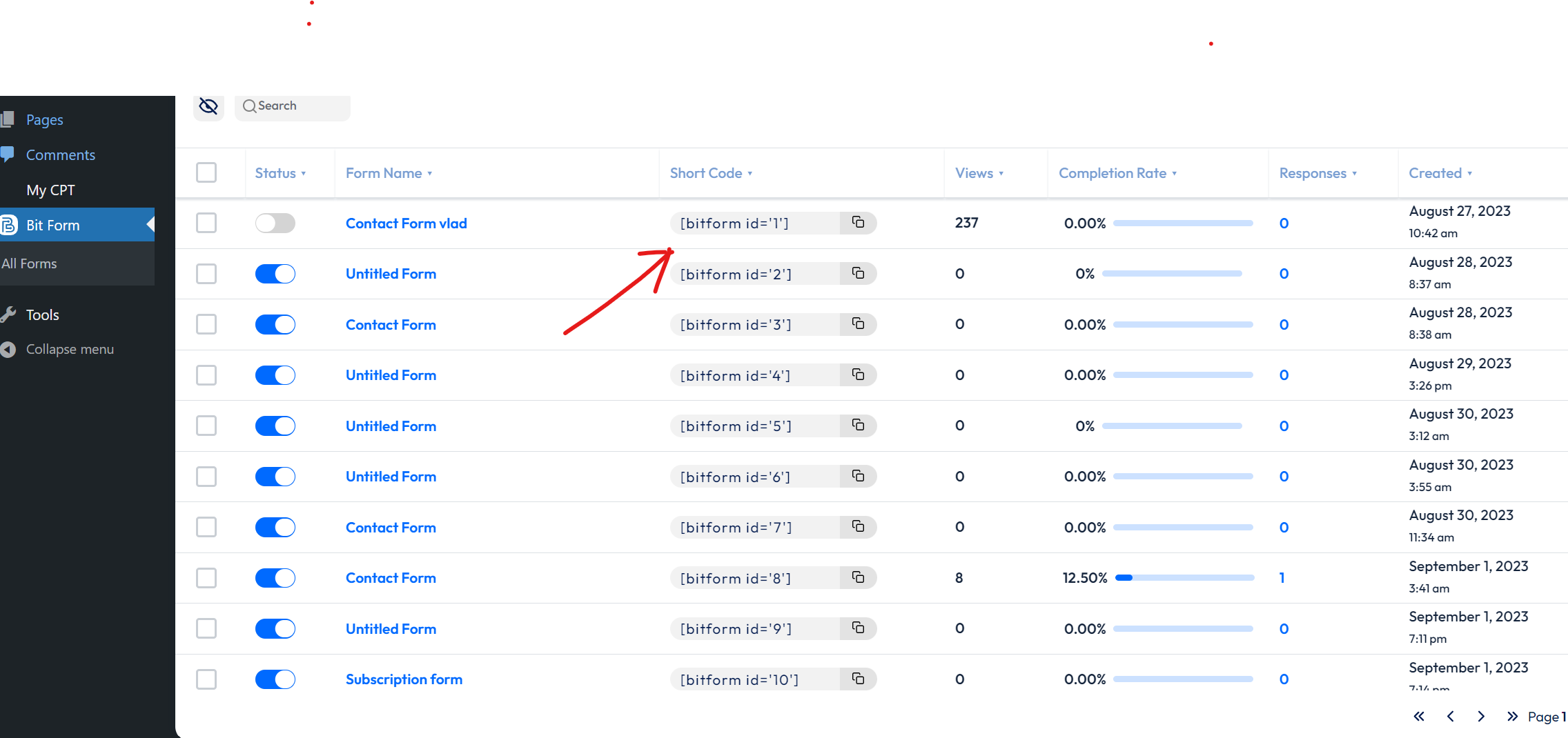 Copying bitform shortcode 