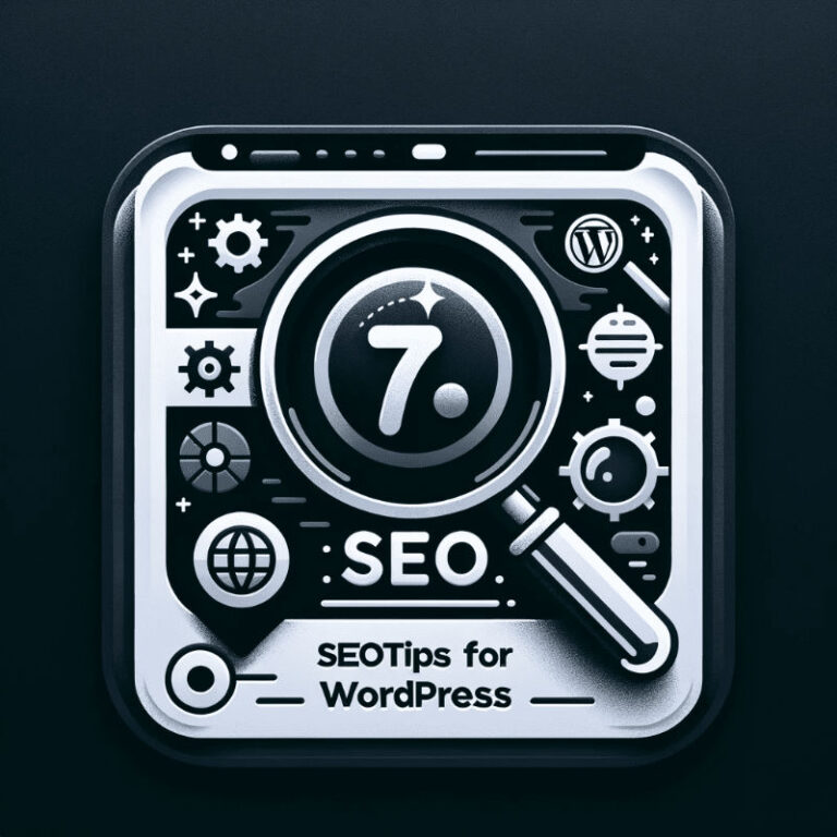 WordPress SEO tips icon with magnifying glass and gears.