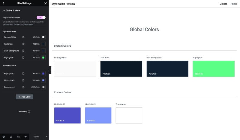 Elementor Global Colors Screenshot
