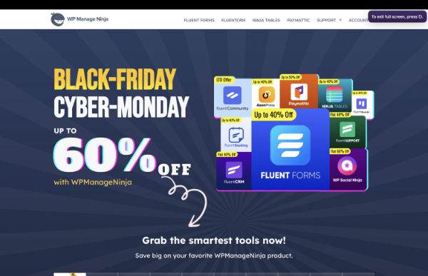 Black Friday sale ad for WPManageNinja with discounts.