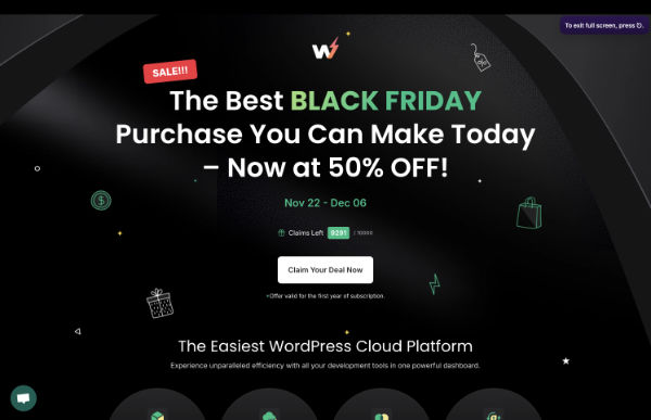 Black Friday sale announcement, 50% off, dark themed design