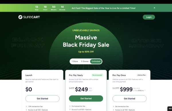 Website banner for SureCart's Black Friday sale event