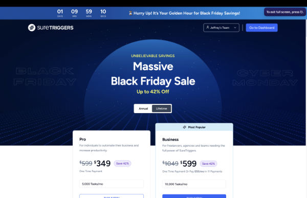 Black Friday sale webpage with discount offers displayed.