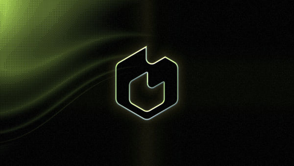 Glowing neon shield logo on dark background